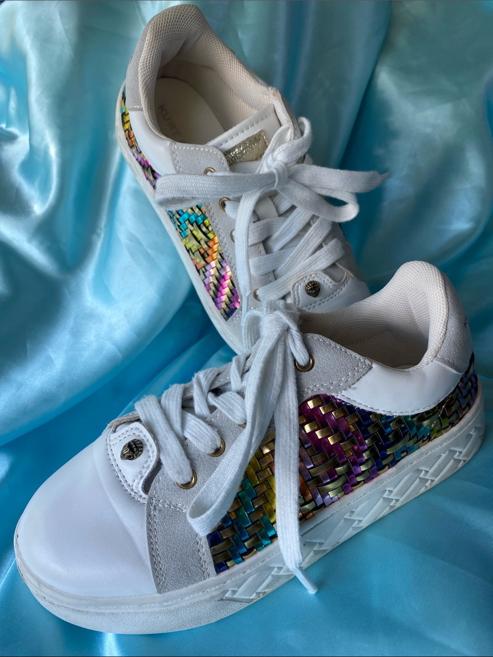 Kurt Geiger London White Sneakers with Shiny Multicolor Weave look